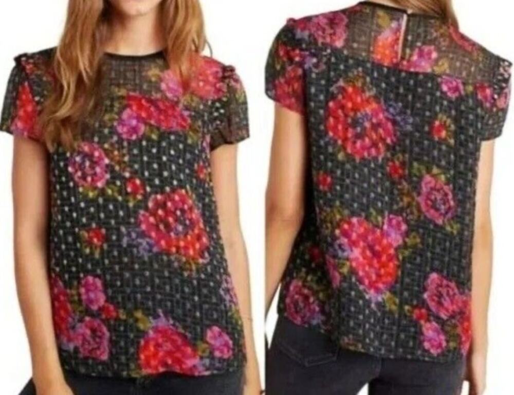 Anthropologie Fiorella Floral Beaded  Blouse Size 8